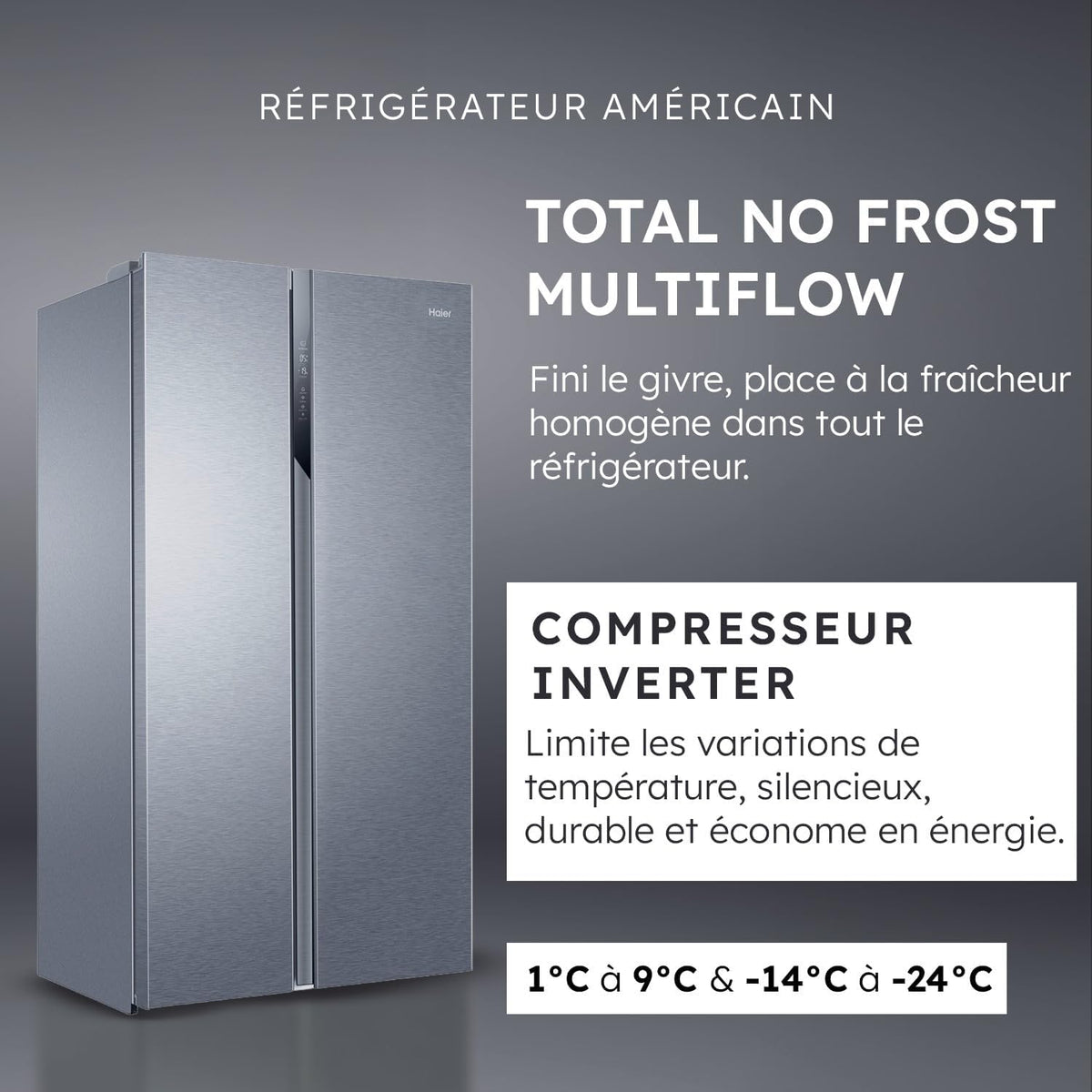 Haier - Frigorífico Americano - 2 Puertas - Clase Energética E - Tecnología Total No Frost Multi Air Flow - Inox - 337L + 191L (Congelador) - 177,5 x 90,8 x 64,7 cm - Modelo HSR3918ENPG