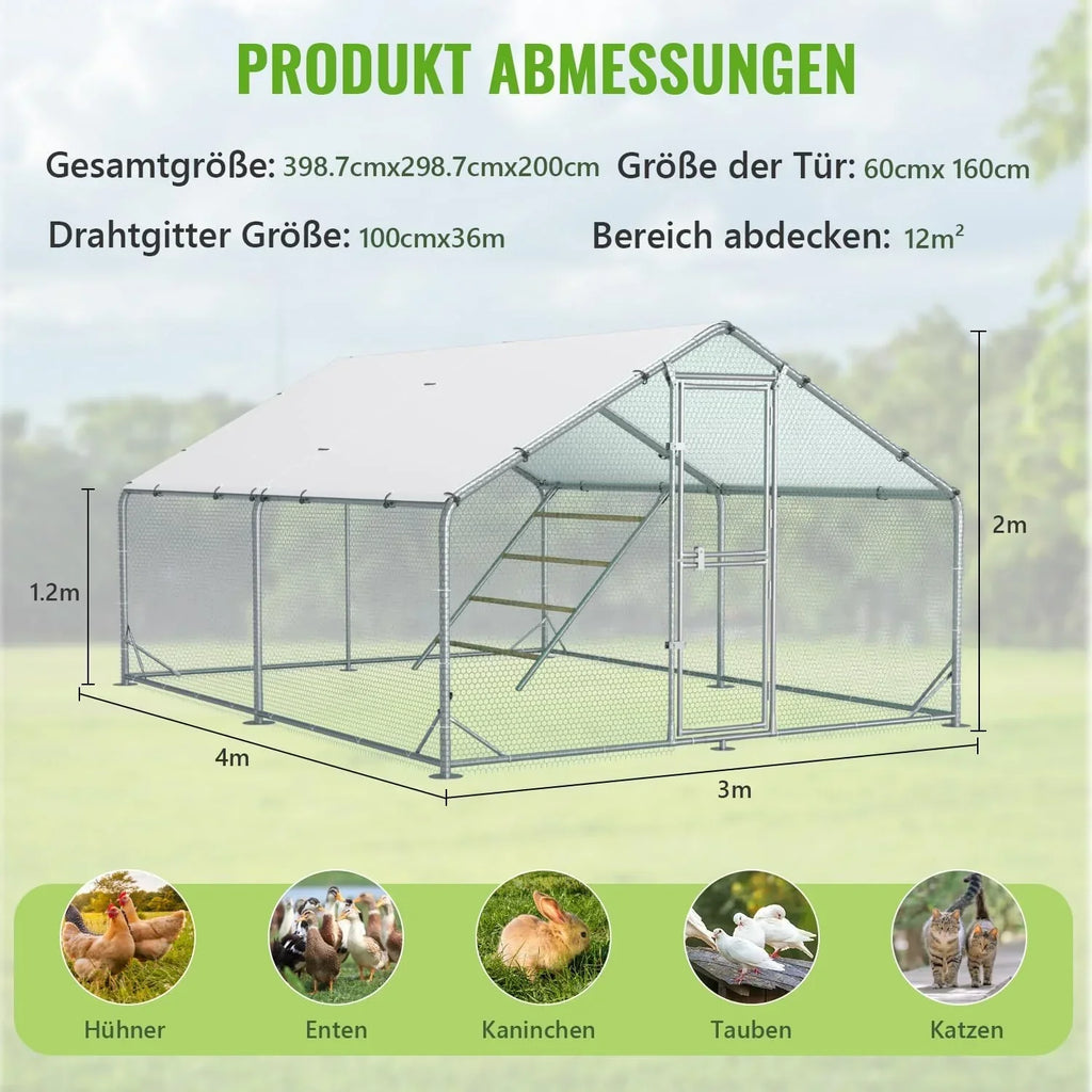 Gallinero de metal con recinto exterior y techo CC3X4X2, 3x4x2 m, resistente a la intemperie, para 10 a 20 gallinas, incluye escalera de descanso y accesorios