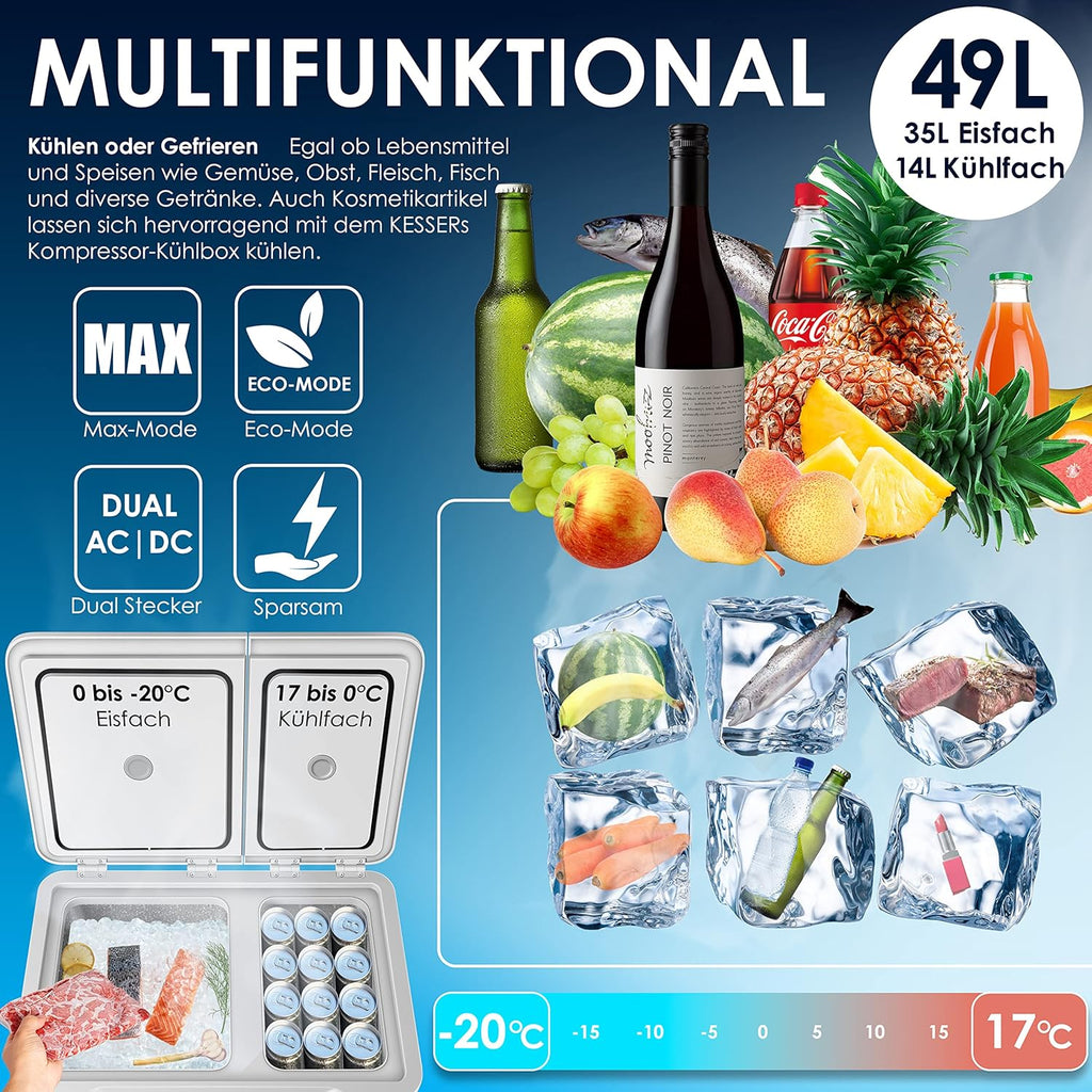 Nevera portátil con compresor KESSER 2 en 1 de doble zona, refrigeración y congelador eléctrico con 2 acumuladores de frío y panel táctil LED | Refrigerador con enfriamiento hasta -20 °C para camping, coche, camión 12/24V 230V