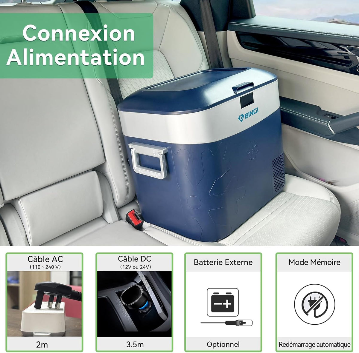 Nevera Eléctrica para Coche BINGI 22L Silenciosa (≤45dB) Refrigerador de Coche con Compresión -18°C a +15°C, 12V/24V/220V, para Furgoneta, Camión, Barco, Coche, Casa, Dormitorio, Picnic, Camping