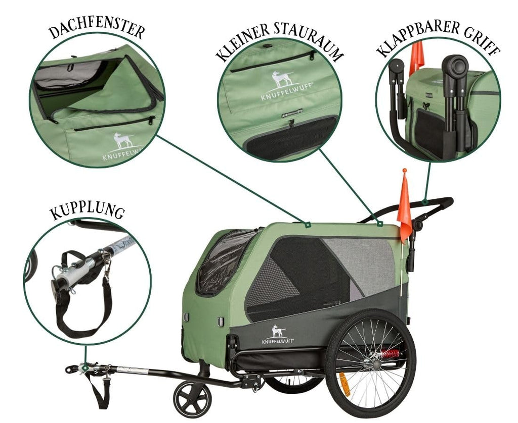 Remolque para bicicletas para perros Knuffelwuff Cruvado 45 kg, plegable, ligero, correa de seguridad, reflectores, enganche universal