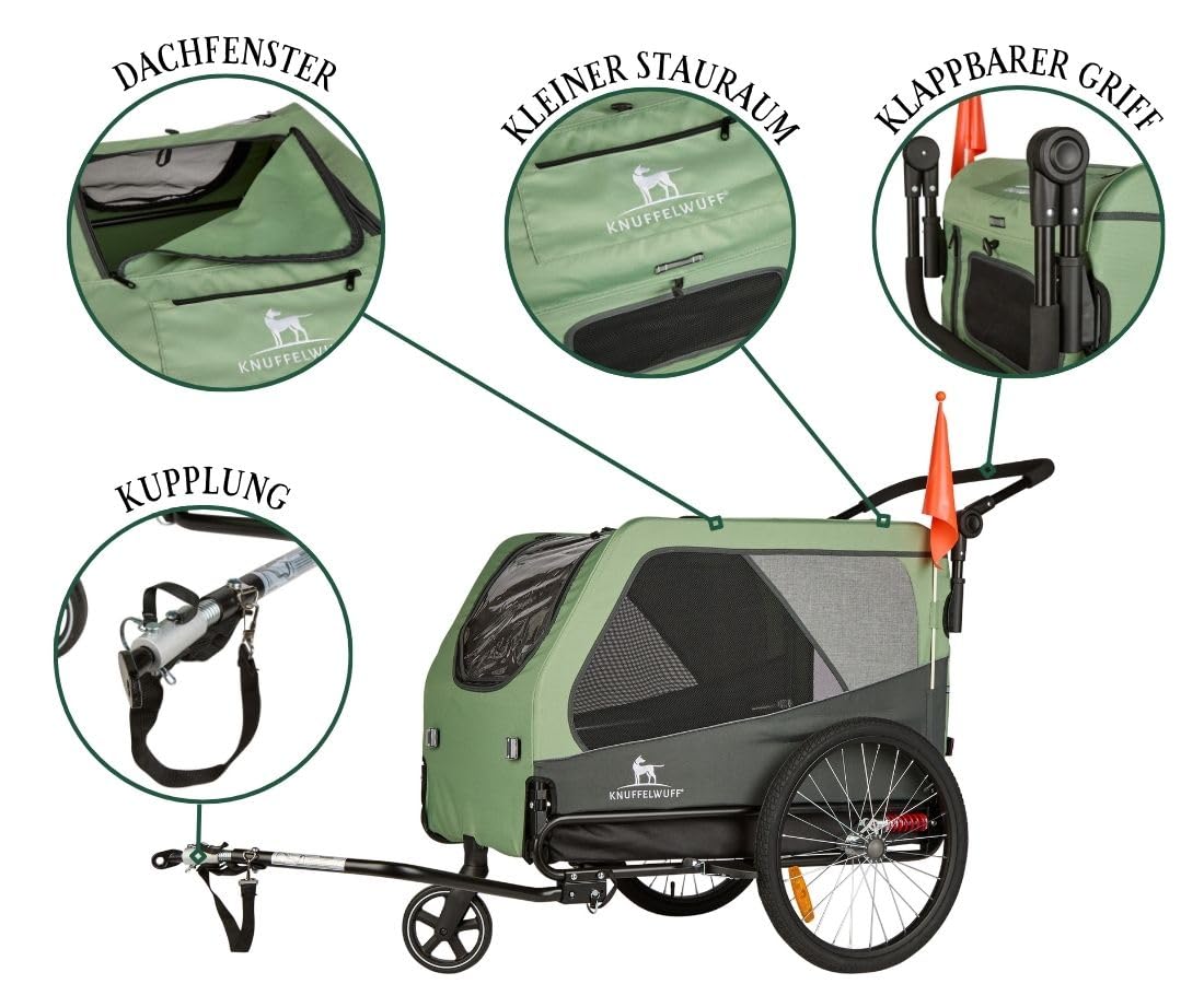 Remolque para bicicletas para perros Knuffelwuff Cruvado 45 kg, plegable, ligero, correa de seguridad, reflectores, enganche universal