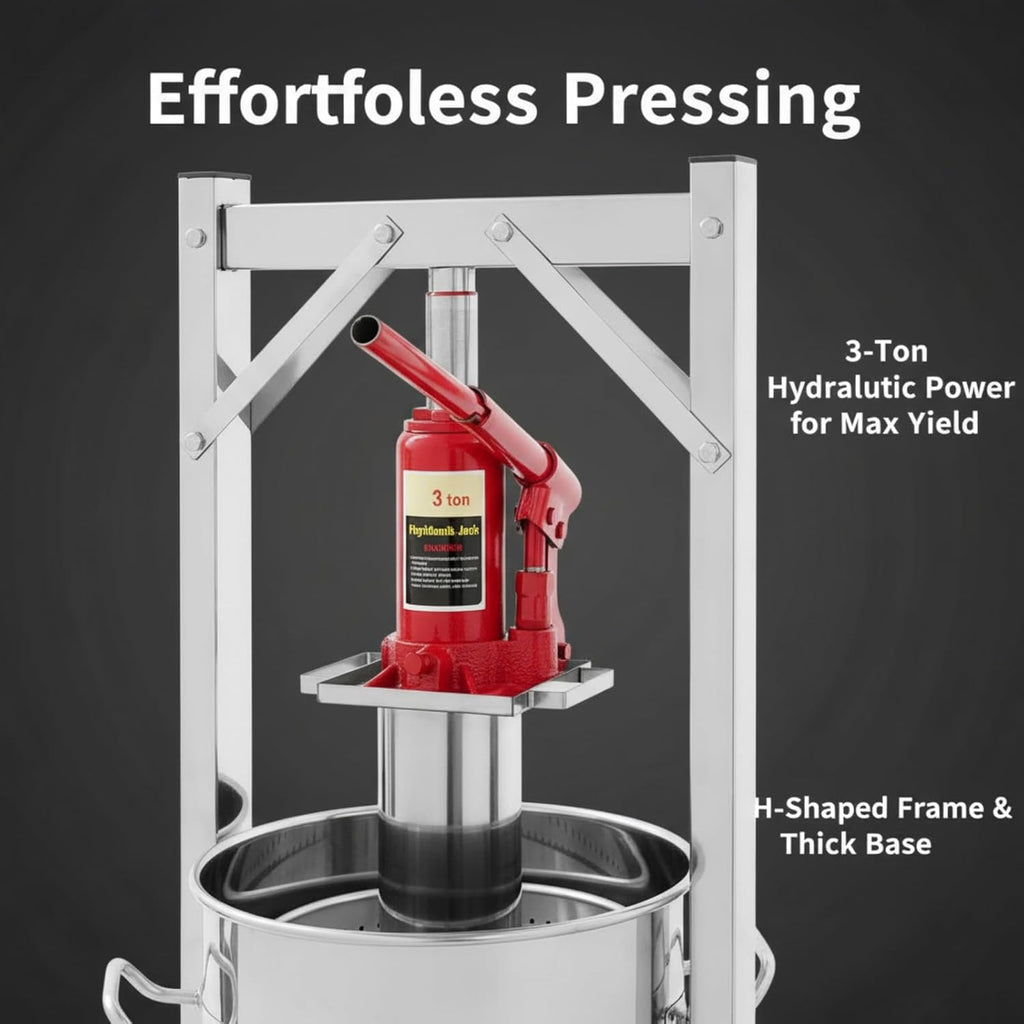 Prensa hidráulica para frutas de 12 L, prensa de acero inoxidable 304 con gato hidráulico de 3 T, exprimidor manual, cubo de filtro interior, prensa para vino, prensa para sidra, ideal para vino, mosto y zumos de frutas