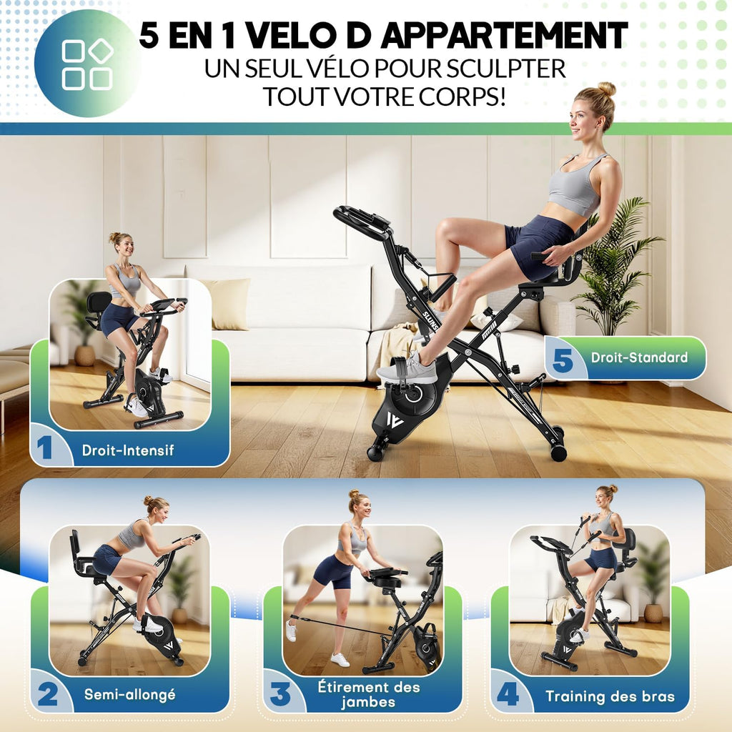 Bicicleta estática, SLUNSE Bicicleta estática 5 en 1 con 16 niveles de resistencia magnética, bicicleta estática plegable con 10 dB, bicicletas de fitness para entrenamiento cardiovascular en casa, capacidad de 160 kg