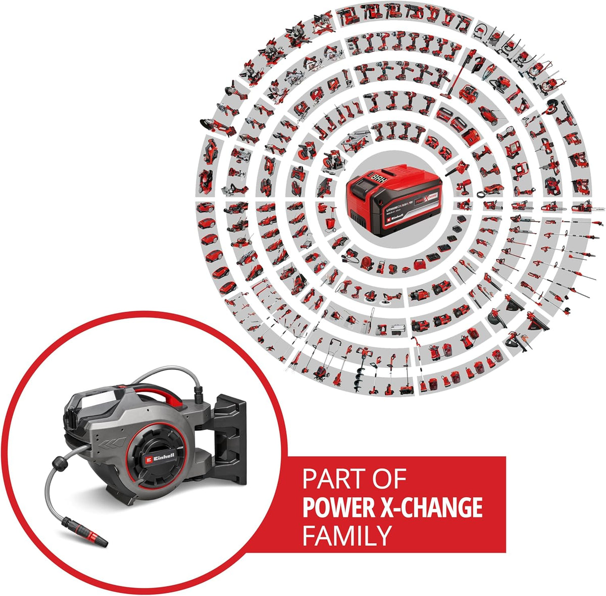 Enrollador de manguera a batería Einhell GE-HR 18/30-1 Li-Solo Power X-Change (18 V, enrollado automático de manguera, giratorio hasta 180°, soporte de pared, manguera de jardín de 30 m y rociador, sin batería)
