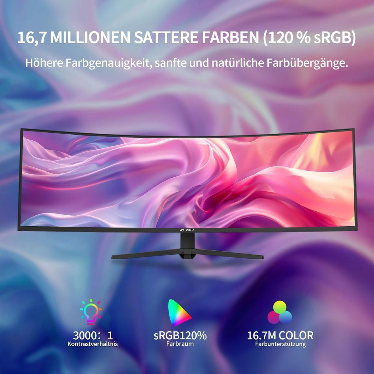 Monitor Gaming Curvo CRUA de 49" Ultra-Wide 32:10 DFHD 3840x1080, 165Hz/144Hz, 1500R, AMD FreeSync, 120% sRGB, HDR10, Ajustable en Altura, HDMI 2.0 * 2 y DP * 2, Montaje en Pared – Negro