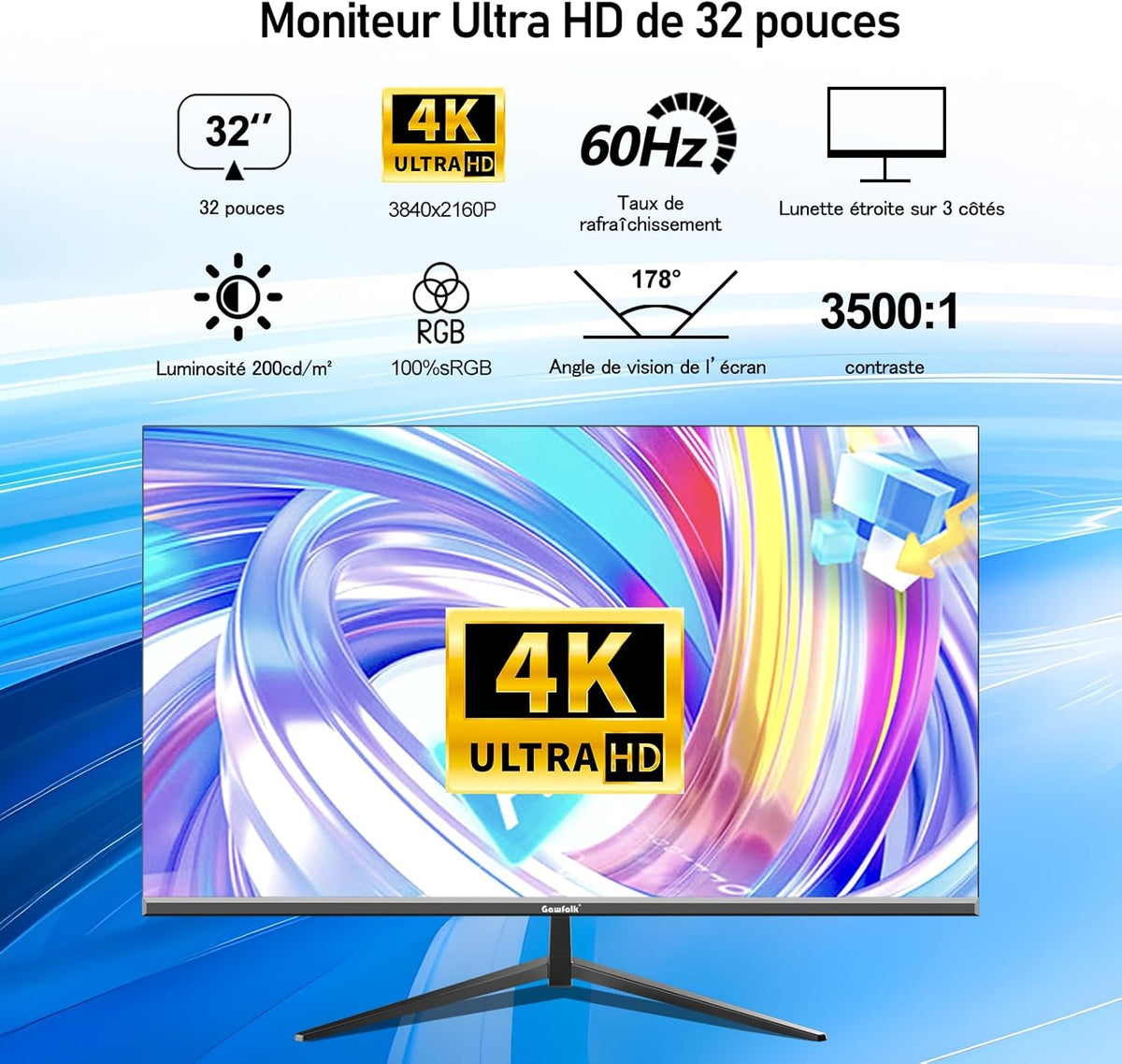 Gawfolk Monitor de PC de 32 pulgadas 4K UHD, monitor de computadora ultraclaro (3840×2160p), 100% sRGB, ángulo de visión de 178°, HDMI, Display Port, compatible con montaje en pared de 100 × 100 mm - Negro