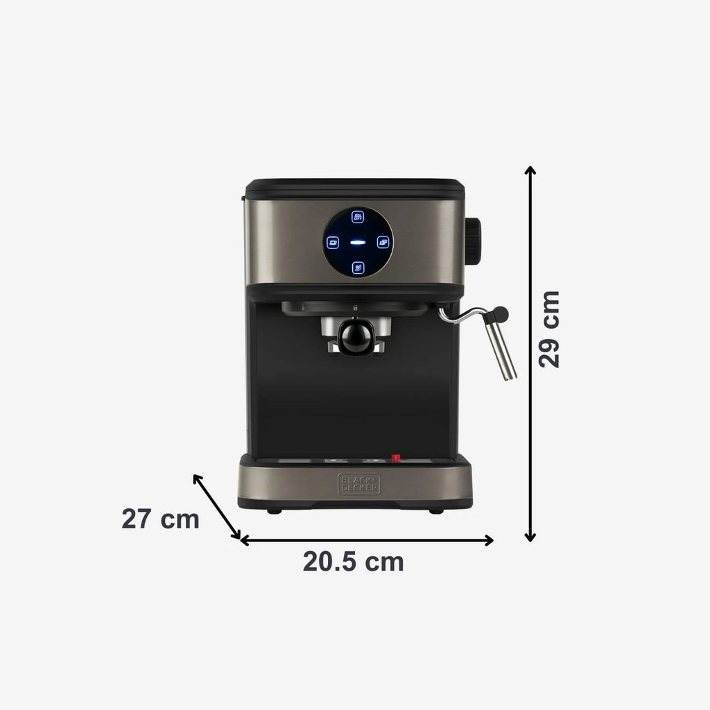 BLACK+DECKER BXCO850E - Ekspres do kawy espresso 850W, 20 barów, 2 filiżanki, funkcja pary, automatyczne wyłączanie, programowalna ilość, system ekstra kremowy, zbiornik 1,5 l, wykończenie