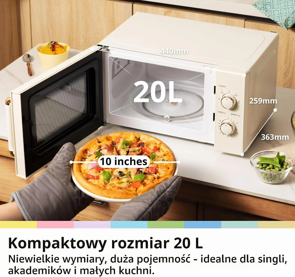 COMFEE ' CMO-M202NC(CM) Elegancka Vintage Retro Kuchenka mikrofalowa z 5 poziomami mocy, 700 W, 20 l, regulowany timer 0-35 min, proste sterowanie, oświetlenie wewnętrzne, krem morelowy