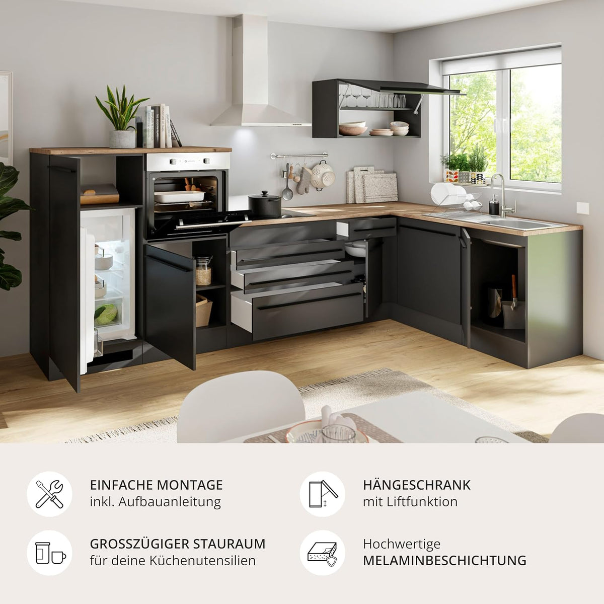 Cocina esquinera JAZZ 4 sin electrodomésticos en forma de L, negro mate y acabado roble Lanzelot