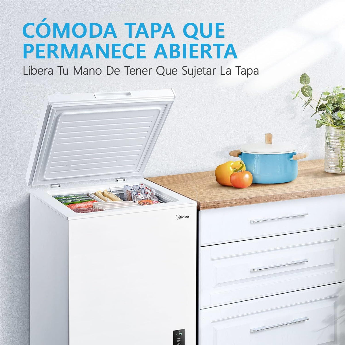 Arcón Congelador Horizontal Pequeño MIDEA de 99L, Motor Inverter, Control Electrónico de Temperatura, Tecnología D-TYPE Tube, Cestas con Asa, Easy Move, Silencioso 39dBA, Bajo Consumo, Blanco