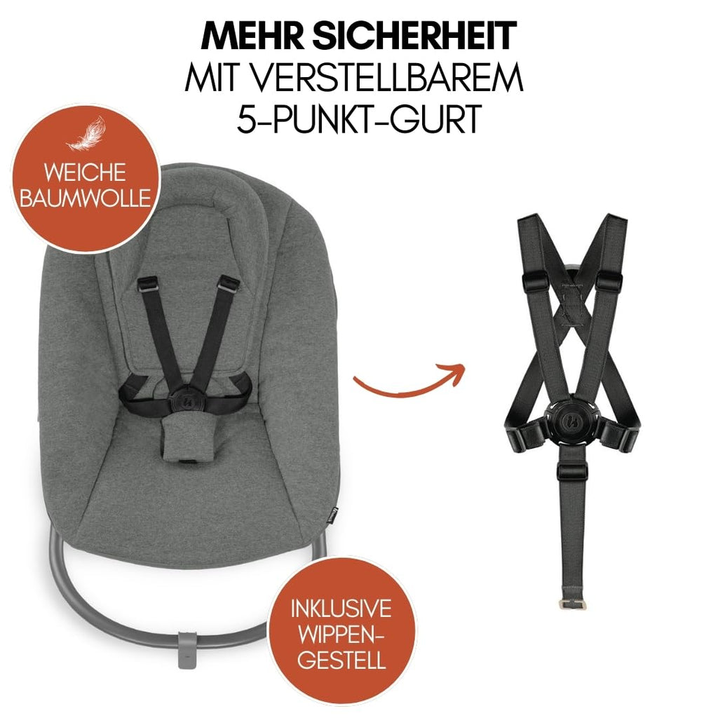 hauck Trona Beta+ Newborn Set Premium Dark Grey - Set de trona para bebé desde el nacimiento con accesorio para recién nacido Bouncer, cojín de asiento y bandeja - Gris oscuro