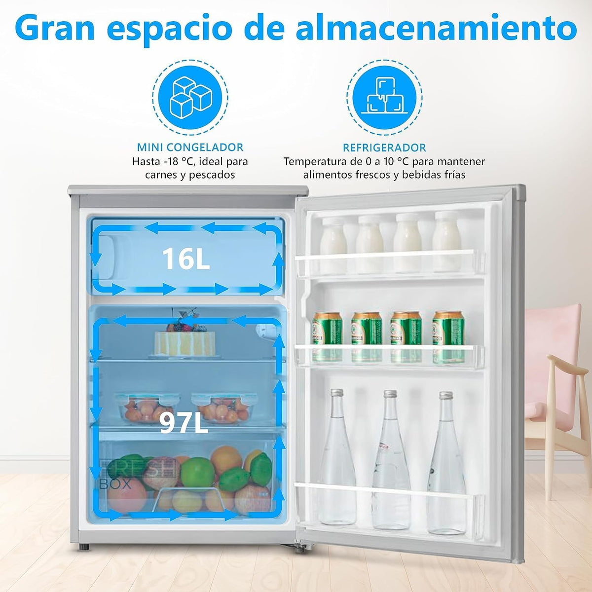 Nevera pequeña Midea 113L con congelador - Mini frigorífico para habitación/caravana/camping - Minibar de bajo consumo - Frigorífico bajo encimera silencioso 39dB + congelador -16º/-24º