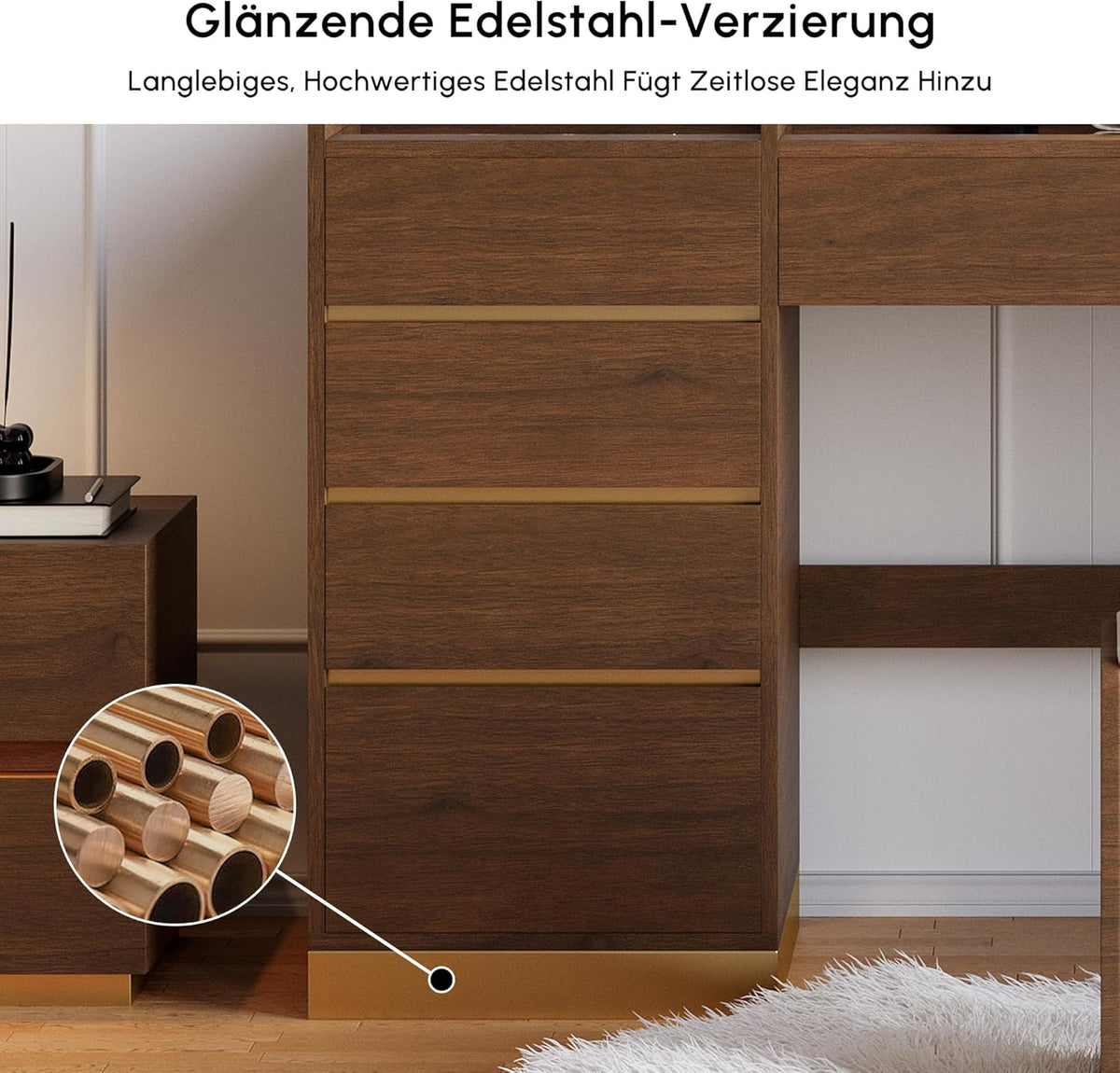 Tocador Homary con espejo, iluminación, estación de carga USB y espacio de almacenamiento, elegante tocador moderno con espejo iluminado de 3 modos y expositor de joyas integrado, nogal