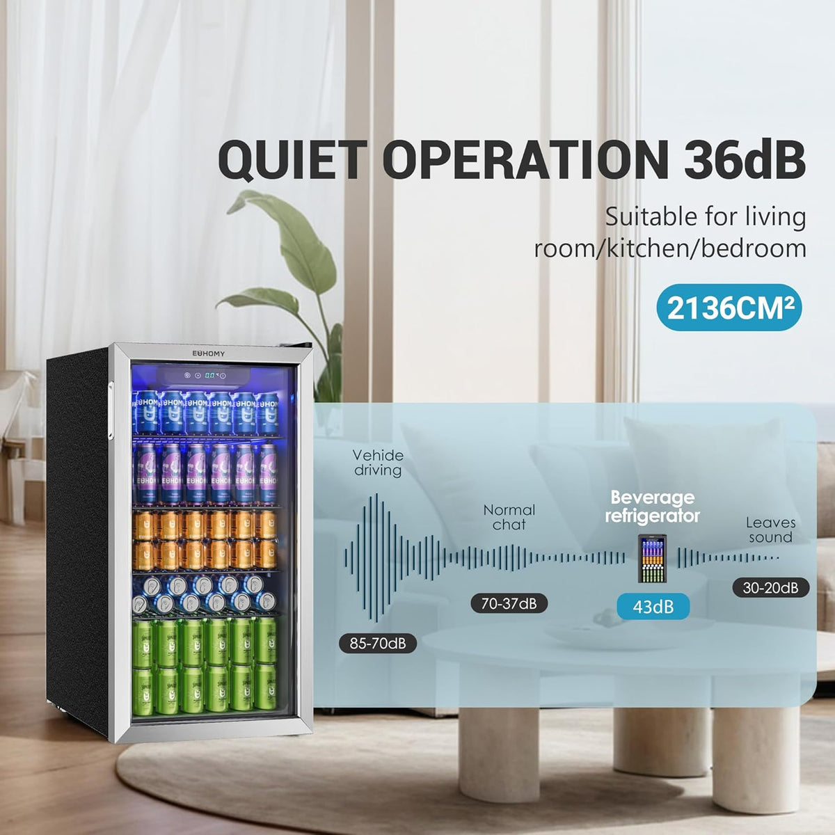 EUHOMY 90L Refrigerador de bebidas, mininevera para 126 latas con puerta de cristal, nevera pequeña con estantes ajustables para refrescos, cerveza o vino, perfecta para el hogar/bar/oficina, plateado, acero inoxidable