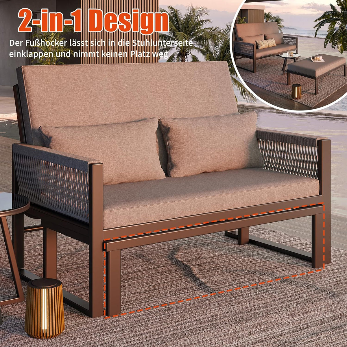 Tumbona de jardín con reposabrazos de hierro trenzado, sofá de exterior resistente a la intemperie, incluye mesa de centro de cristal y cojines, sofá cama para exterior, sofá de dos plazas con taburete y mesa de centro, gris