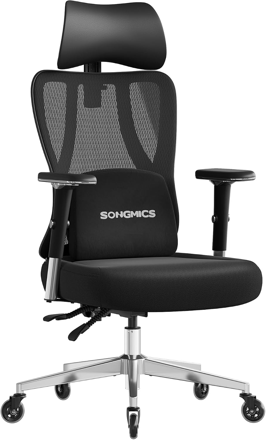 SONGMICS Ergonomiczny fotel biurowy, fotel gamingowy, regulowane podparcie lędźwiowe, zagłówek, podłokietniki, odpowiedni dla osób o różnych gabarytach, nośność do 150 kg, kolor czarny OBN067BH01