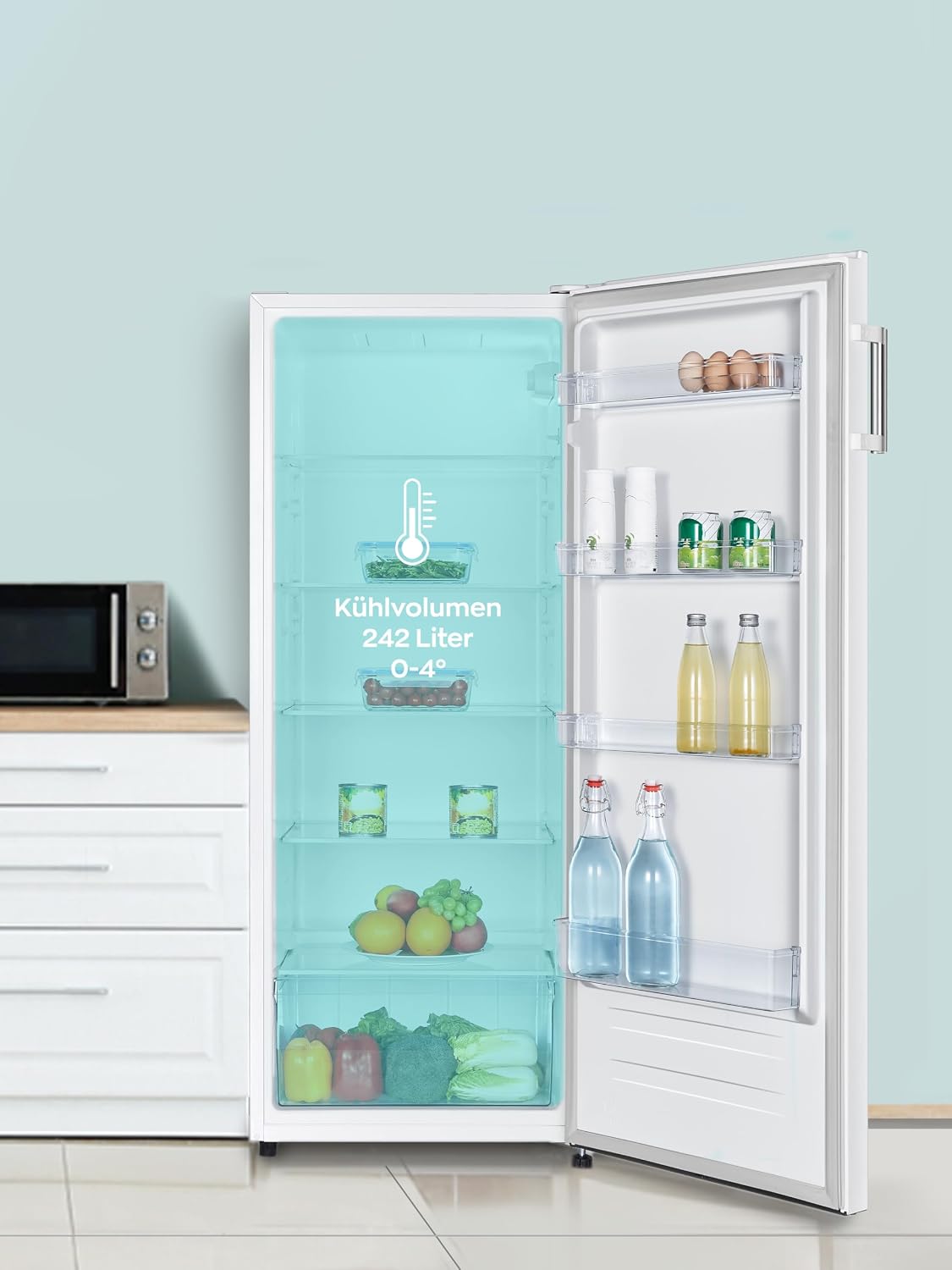 Frigorífico independiente Heinrich's de 242 l, nevera sin congelador, XXL, frigorífico de una puerta, iluminación LED, frigorífico de libre instalación con 5 estantes de cristal, bisagra de puerta reversible, silencioso 40 dB, (blanco)