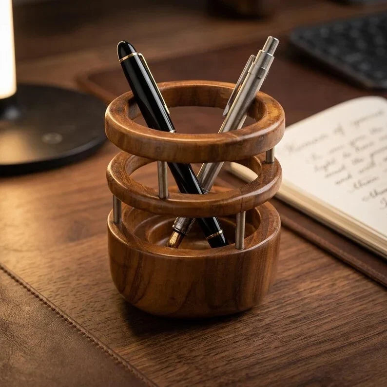 Portalápices de madera de teca, organizador de escritorio hecho a mano, diseño redondo, 9,5 cm de diámetro, oficina y hogar