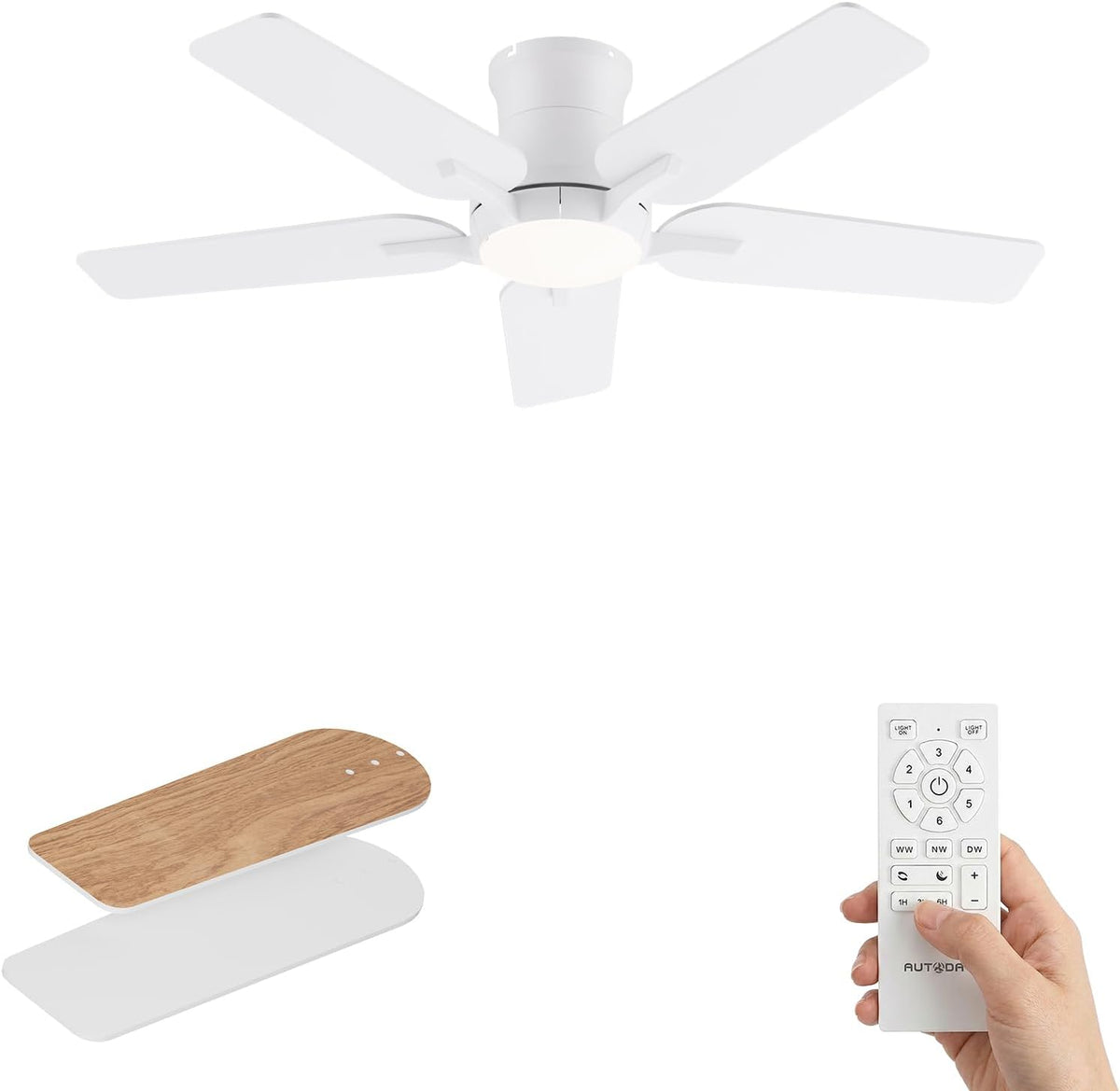 Ventilador de techo con iluminación, 122 cm, con mando a distancia, motor de CC silencioso y reversible, 3 temperaturas de color con memoria, regulable, 6 velocidades, temporizador, para dormitorio, blanco