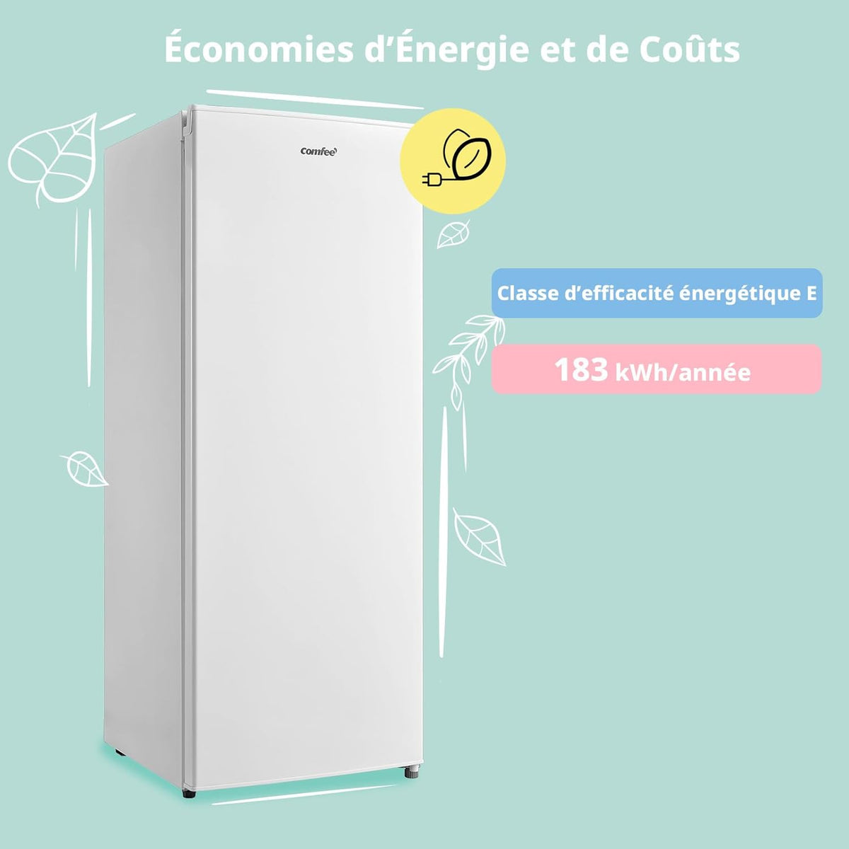 Congelador Vertical COMFEE' RCU160WH2(E) 160L - Altura 142cm - 183kWh/año - Puerta Reversible - Silencioso 42dB - Termostato Ajustable - Patas Regulables - Blanco
