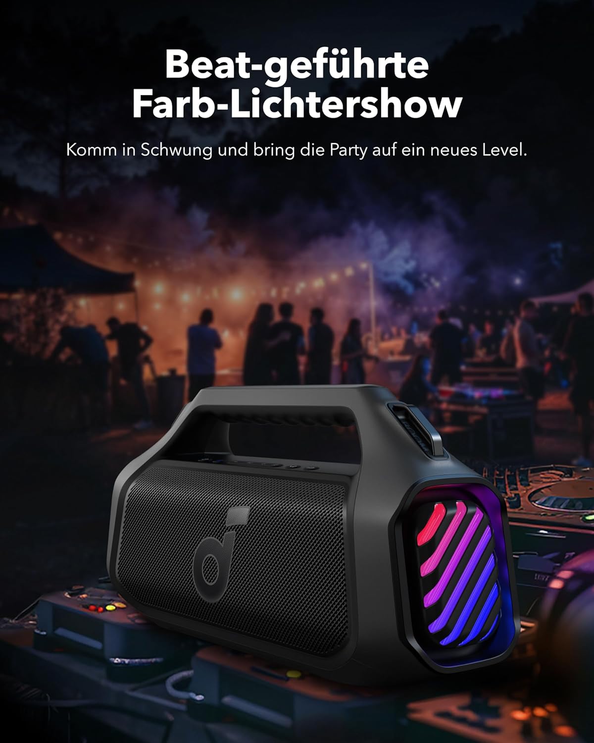 Altavoz para exteriores soundcore Boom 2 Plus, 140W, canal 2+2, BassUp 2.0, 20h, carga rápida, resistente al agua IPX7, luces RGB, USB-C, banco de energía, BT 5.3, altavoz Bluetooth portátil, camping