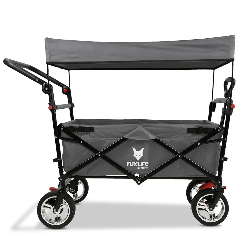 Carrito de mano plegable y compacto Fuxtec FX-CT700 gris, con frenos, asiento acolchado, mango ajustable en altura, para excursiones