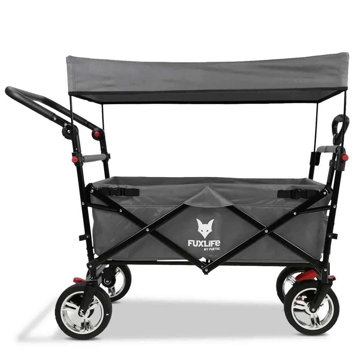 Carrito de mano plegable y compacto Fuxtec FX-CT700 gris, con frenos, asiento acolchado, mango ajustable en altura, para excursiones