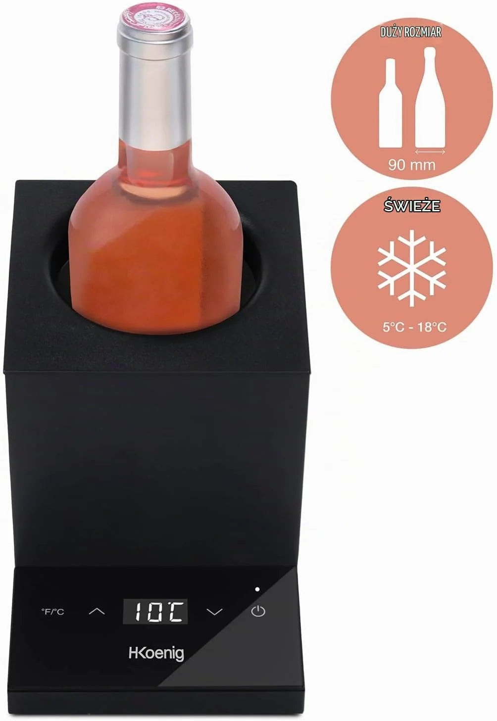 H.Koenig chłodziarka do wina LVX26, białe wino, czerwone, różowe, szampan, średnica do 9 cm, regulowana temperatura od 5° do 18° Celsjusza, sterowanie cyfrowe, Moc : 72 W