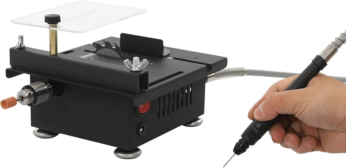 Mini stołowa pilarka tarczowa, 100 W, elektryczna piła stołowa, 7-biegowy zasilacz sieciowy, regulowany, precyzyjny, do cięcia, szlifowania, grawerowania i wiercenia