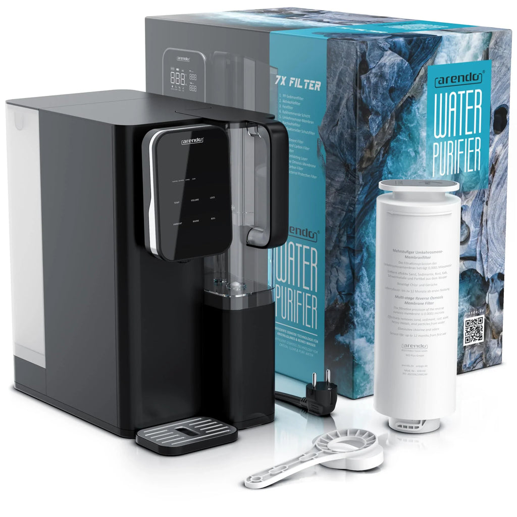 Sistema de ósmosis inversa Arendo, agua 99,99% pura, filtro de 7 etapas (5+2), sin instalación, dispensador de agua caliente de 40 a 100 °C, TDS