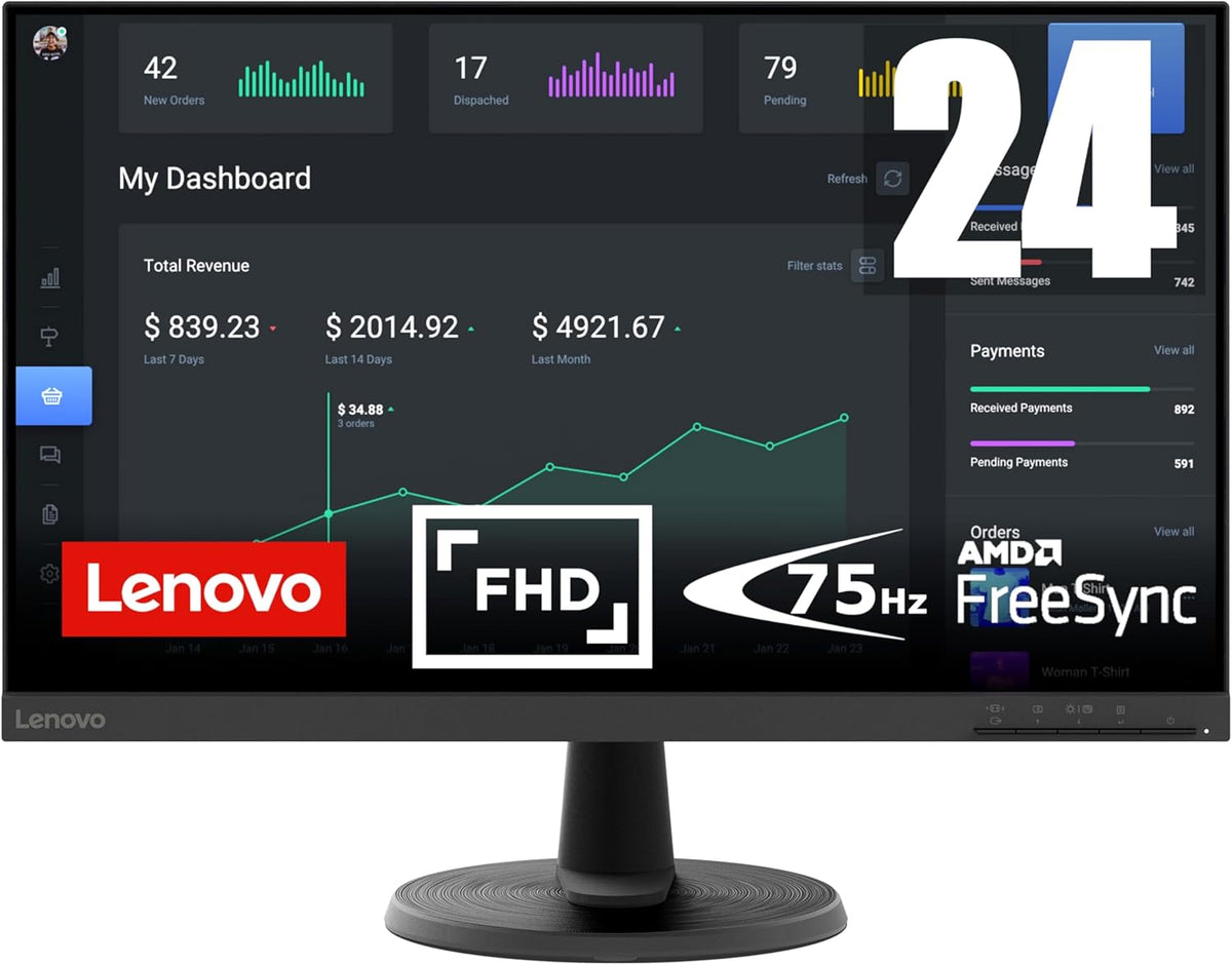 Lenovo D24-40 - Monitor 24" Full HD (VA, 75Hz, 4ms, HDMI+VGA, AMD FreeSync) Ajuste de inclinación – Negro