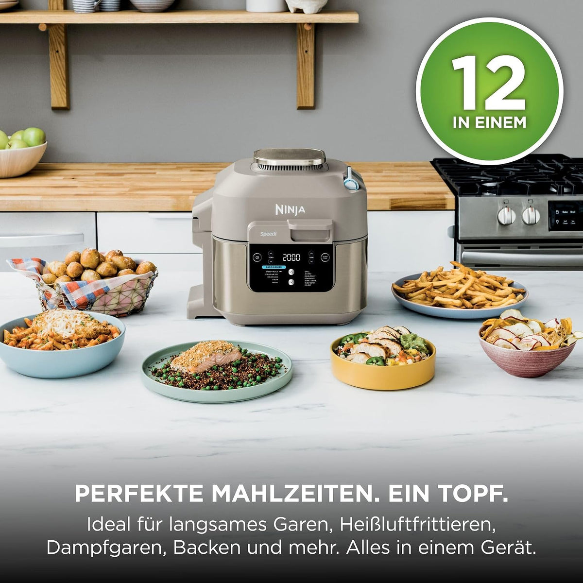 Multicocina Ninja Speedi, 5,7 L, 12 en 1, freidora de aire, cocción lenta, grill, horneado, Stone Gold ON500EUSTGD