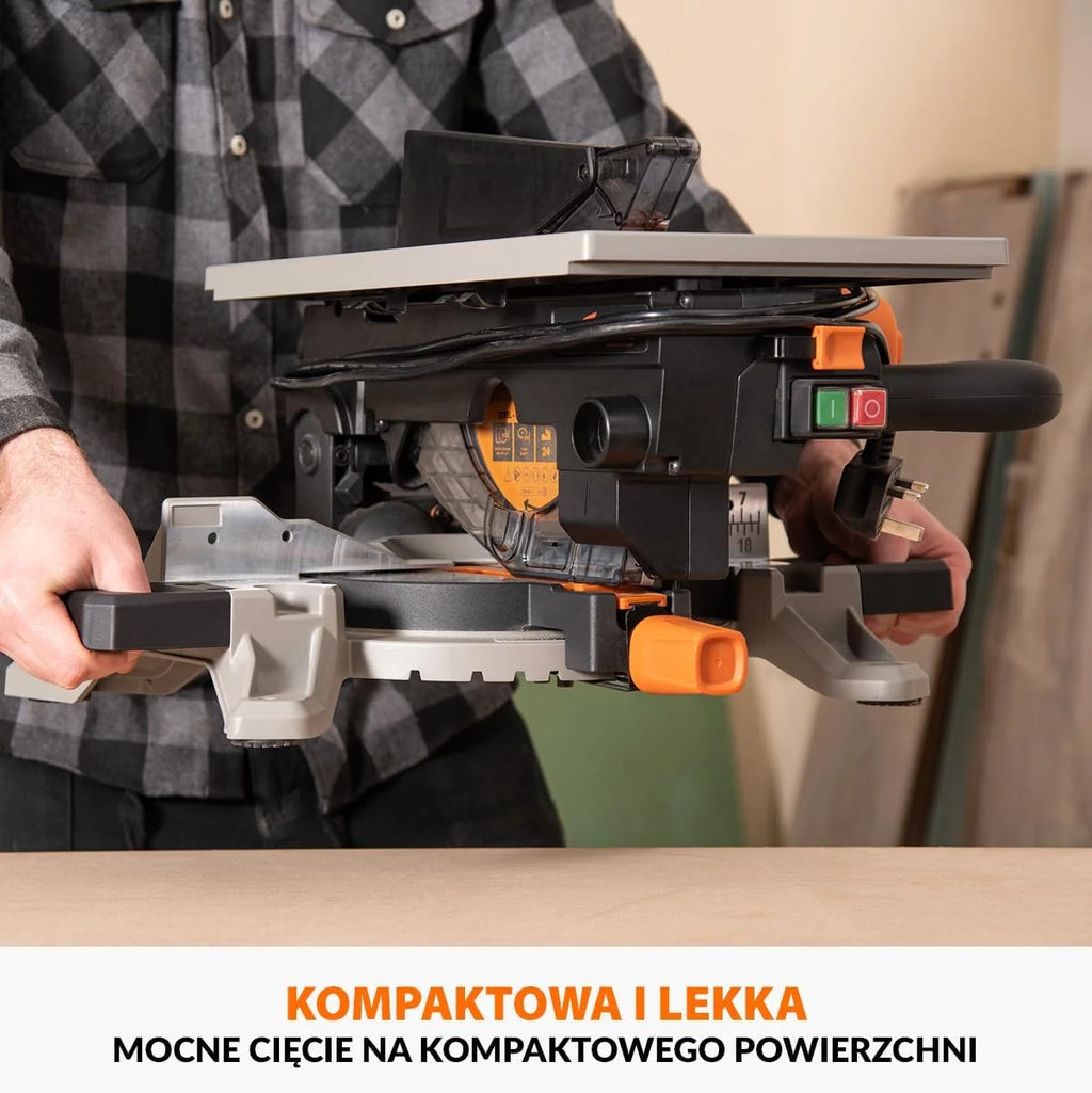 Evolution Power Tools R210MTS-G2 Zmienna piła ukośna/stołowa, kompaktowa, wielofunkcyjne cięcie różnych materiałów, ostrze TCT w zestawie do cięcia drewna, plastiku i metalu, 210mm