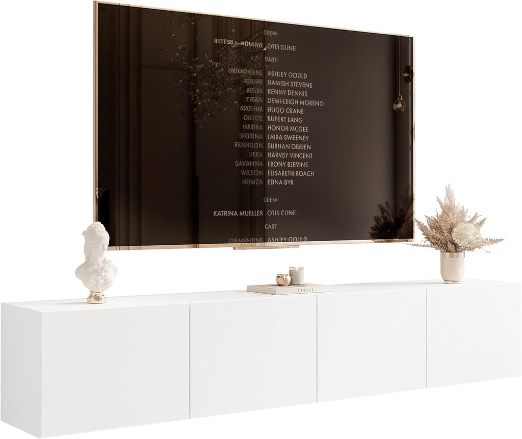 Mueble de TV de 200 cm, blanco mate, con 4 compartimentos grandes prácticos e iluminación LED - Mueble de TV colgante ideal para salones con estilo