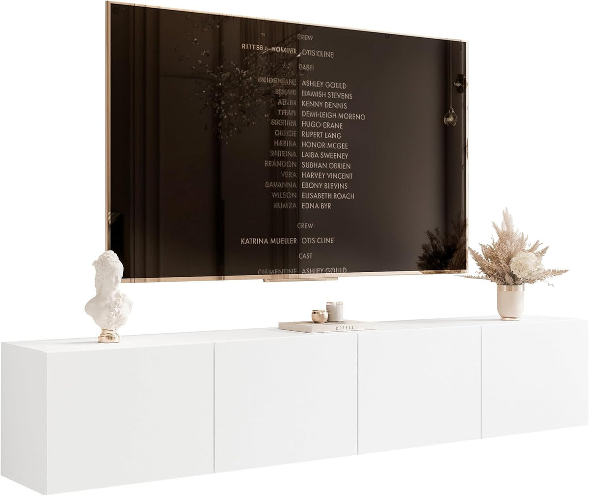 Mueble de TV de 200 cm, blanco mate, con 4 compartimentos grandes prácticos e iluminación LED - Mueble de TV colgante ideal para salones con estilo