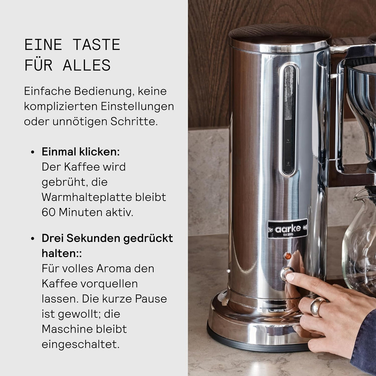 Aarke Cafetera de goteo – Cafetera eléctrica, jarra de cristal, función de mantenimiento de calor, capacidad de 10 tazas, 250 ml - 1,25 l, diseño moderno, cafetera para café de filtro, con certificación ECBC.