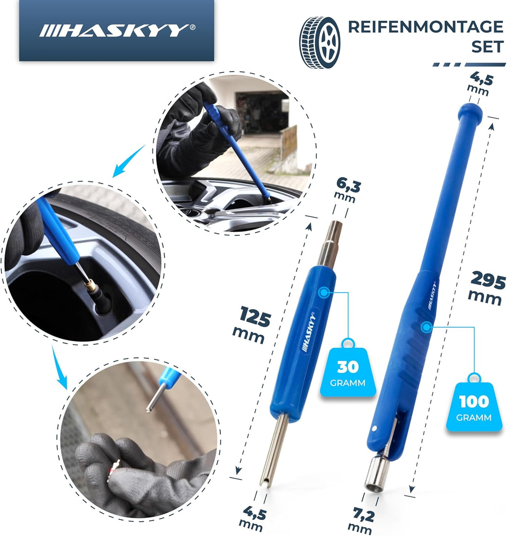 Kit de herramientas y accesorios para montaje de neumáticos (contrapeso, rascador, decapante, extractor de obús, tiraválvulas, alicate para contrapesos), azul