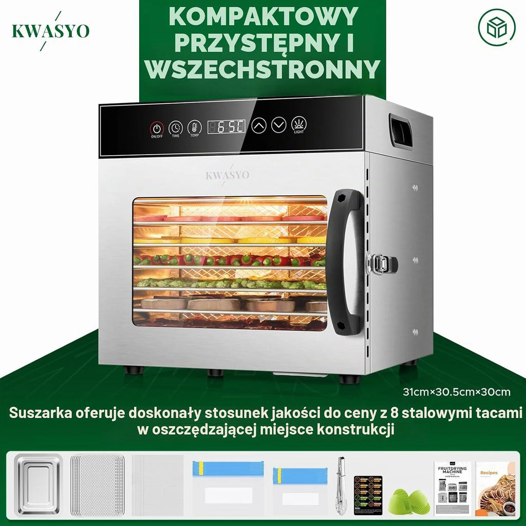 Kwasyo Suszarka ze stali nierdzewnej 600 W z 8 poziomami, profesjonalna suszarka do żywności i suszenie pomidorów, cyfrowy timer, regulacja temperatury, zabezpieczenie przed przegrzaniem, książka z