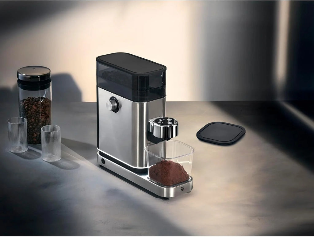 WMF Lumero elektryczny młynek do espresso 150 W, przyciski dotykowe LED, 40 stopni mielenia, pojemnik na kawę, stal nierdzewna Cromargan matowa
