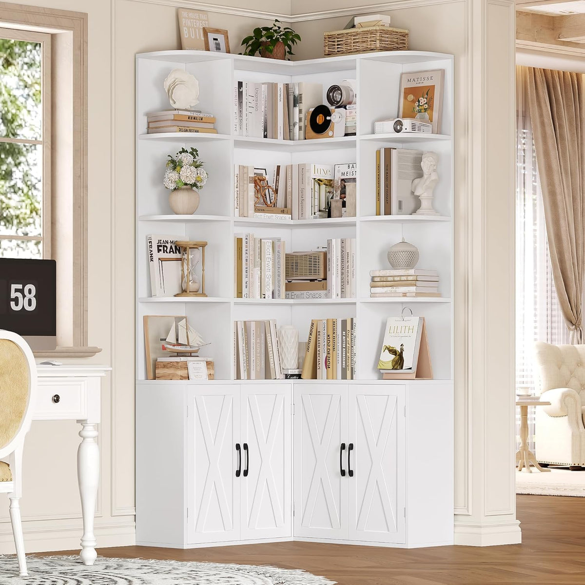 Librería FirFurd de 187 cm con puertas, estantería esquinera con 12 compartimentos, armario para libros en forma de L, vitrina de madera, armario alto, estante con puertas para salón, estudio, oficina, cocina, 187 x 80 x 80 cm, blanco