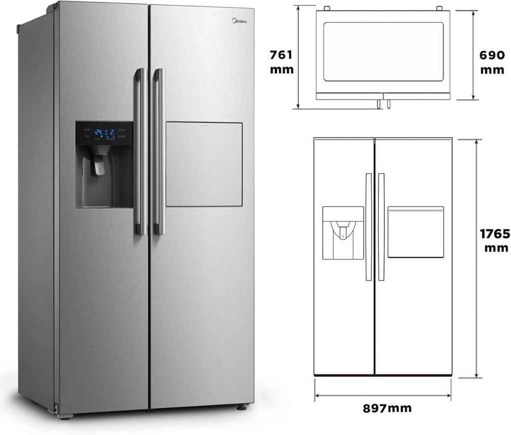 Midea KS-DDX 6.32 WT Frigorífico americano / 178,8 cm de altura / 254 kWh/año / No Frost / Compresor Dual Inverter / con dispensador de agua/hielo 3 en 1 y depósito de agua, Dark Inox