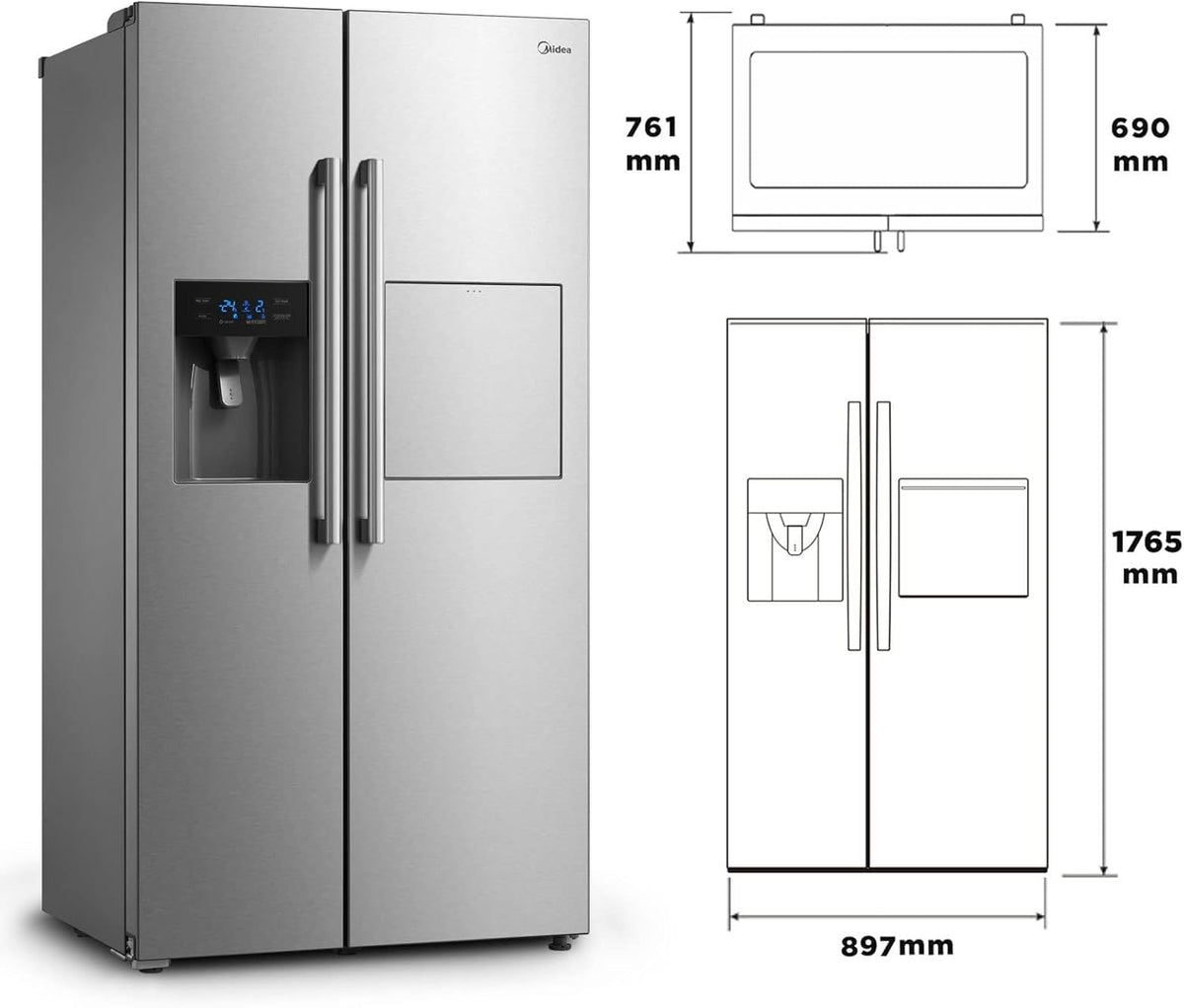 Midea KS-DDX 6.32 WT Frigorífico americano / 178,8 cm de altura / 254 kWh/año / No Frost / Compresor Dual Inverter / con dispensador de agua/hielo 3 en 1 y depósito de agua, Dark Inox