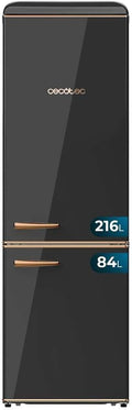 Cecotec Lodówka kombi 2-drzwiowa retro 300 l Bolero CoolMarket Combi Origin 300 Black E. Wysokość 191,5 cm i szerokości 60, regulacja temperatury, chromowany uchwyt i szklane tace, czarny