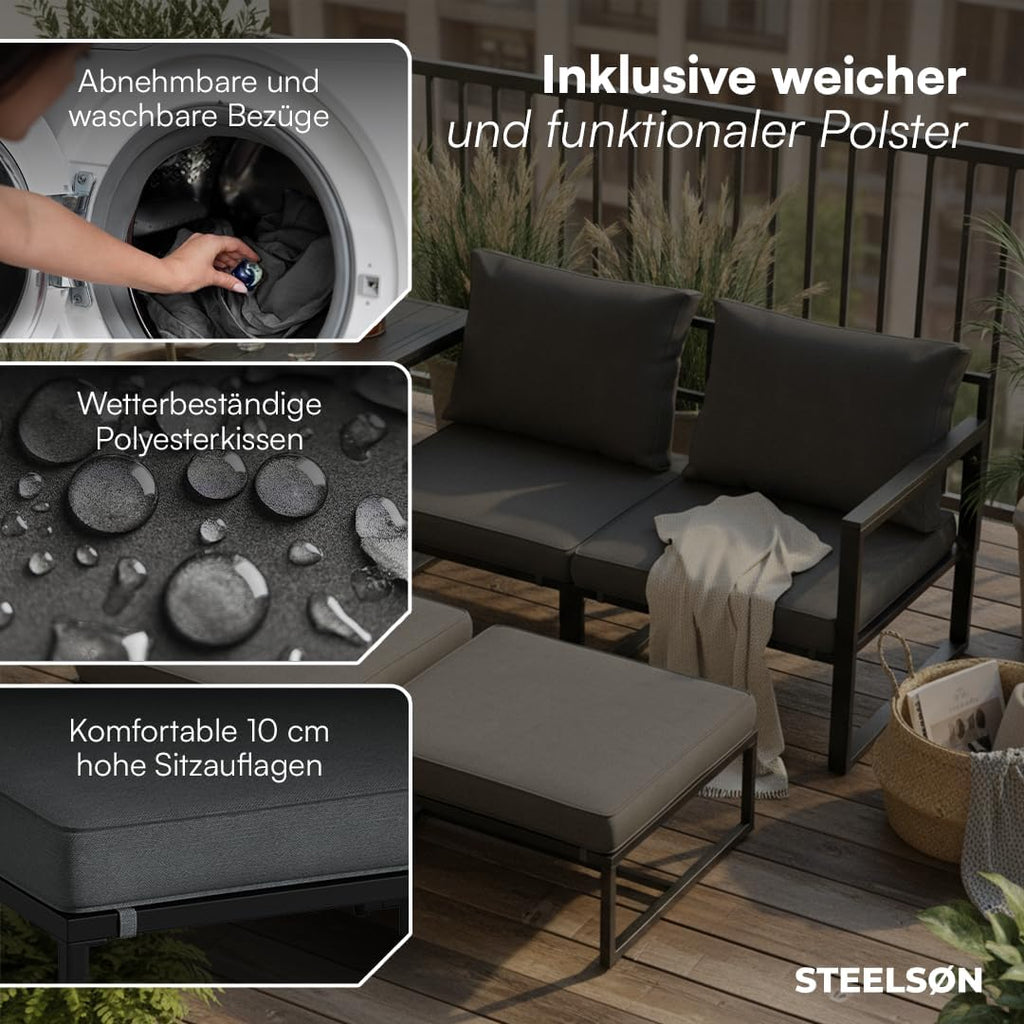 STEELSØN Asteri Sitzgruppe 5-teilig – Gartenmöbel Set mit 2 Sessel, 2 Hocker, 1 Tisch – Balkonlounge Metallgestell Schwarz – inkl. Sitzpolster anthrazit – Terrassenlounge für 2-4 Personen – wetterfest