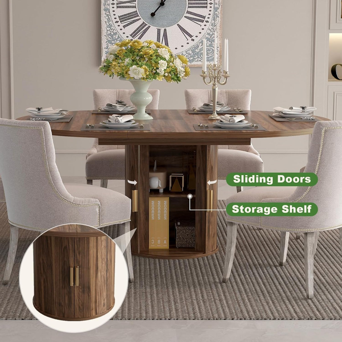 Mesa de comedor extensible, mesa de comedor redonda con base de madera, extensible a ovalada, mesa de cocina moderna para 4-6 personas, marrón rústico, base de pedestal