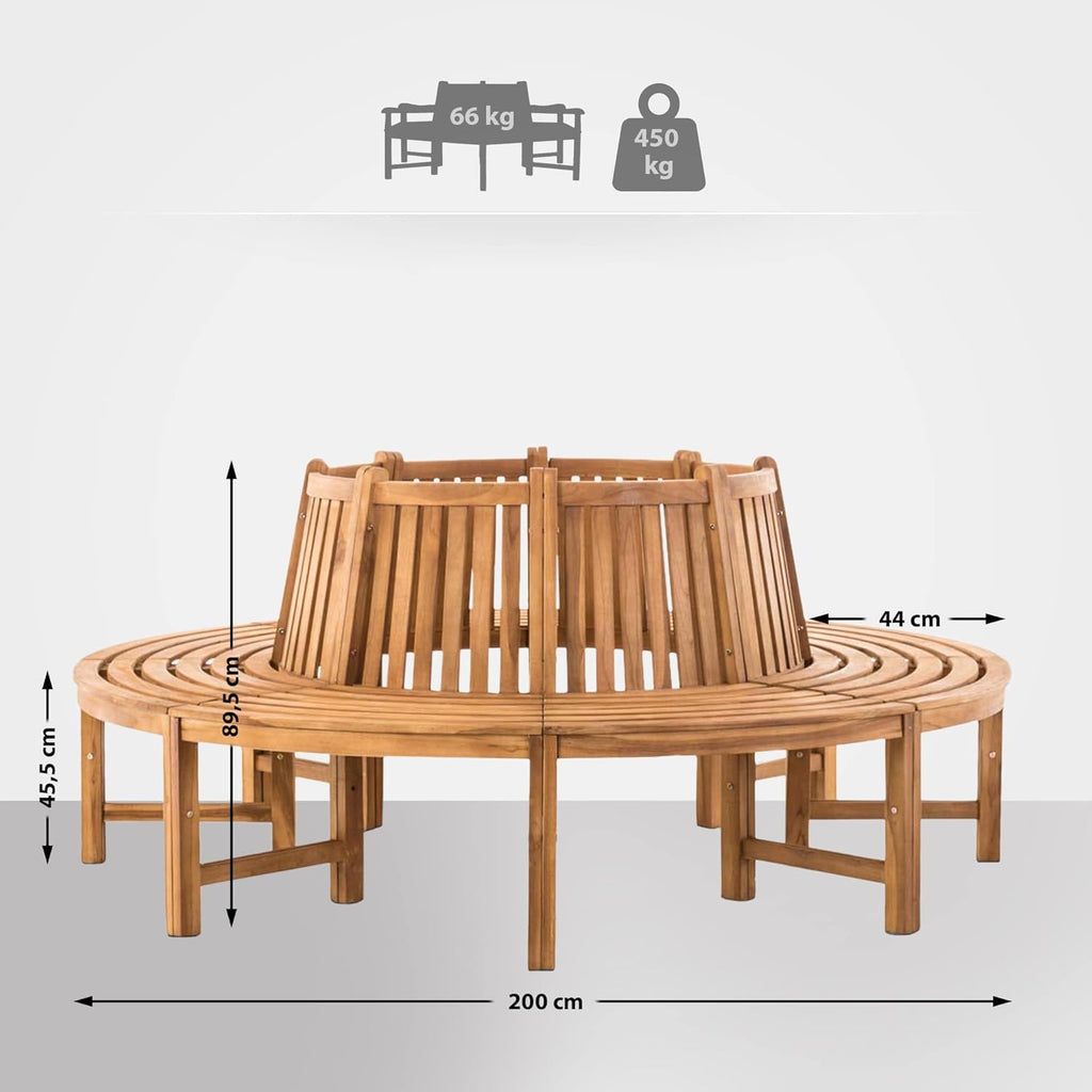 Banco circular para árbol CLP Baumbank Novum I Banco redondo con 8 plazas I Banco de madera natural con respaldo de madera de teca maciza, color: teca, tamaño: 200 cm