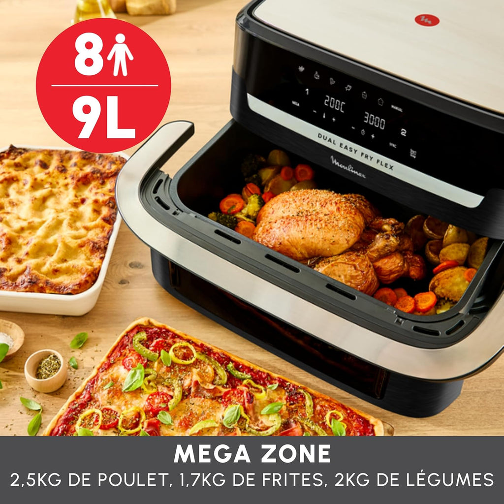 LOTE Freidora de aire Moulinex Flex 2 zonas 9L, separador extraíble EZ9228F0, negro + 2 moldes para pasteles Tefal especiales para freidora de aire J176S204