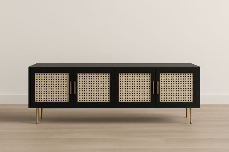 Mueble de TV de madera MDF y ratán negro 200x48x56 cm