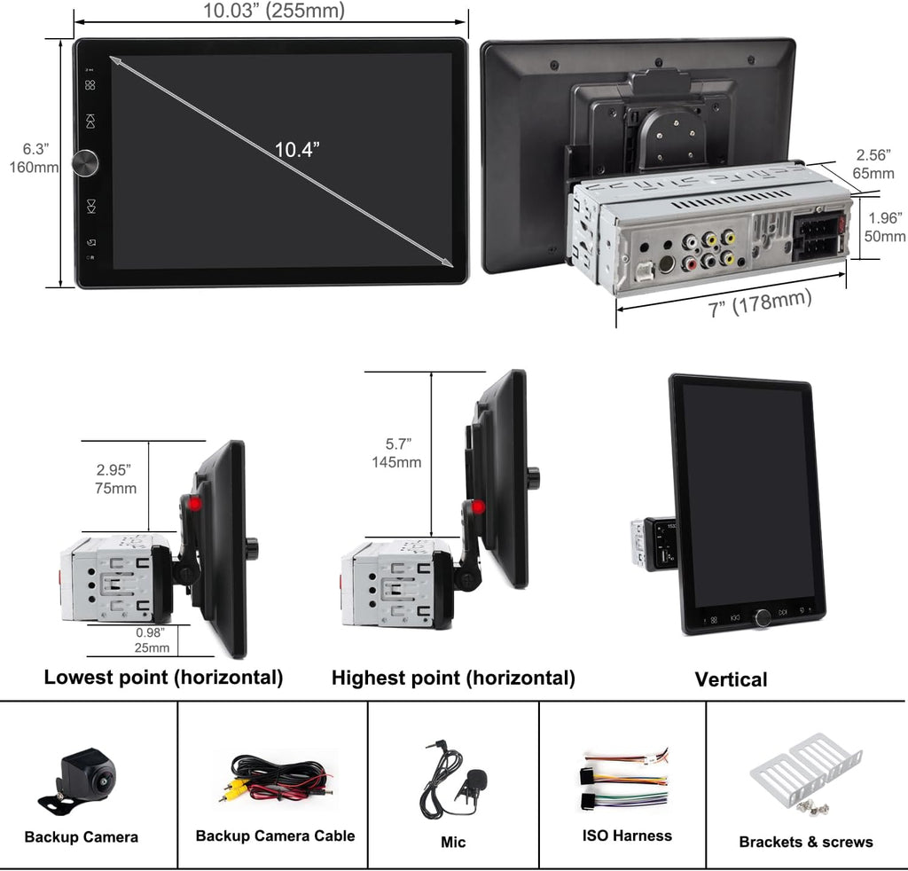 Autorradio Alondy 1 DIN con pantalla táctil giratoria de 10,4 pulgadas compatible con Apple CarPlay/Android Auto [inalámbrico], Bluetooth, cámara de marcha atrás, radio AM/FM RDS, USB, AUX y SD